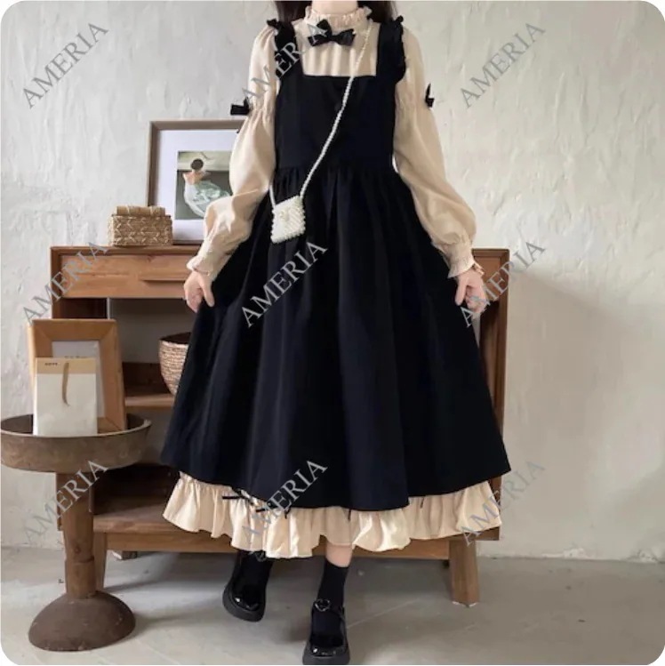 2点セット ロングスリーブワンピース キャミソールワンピース ロリータ コスプレ ぷちリボン付きサスペンダーワンピース 2点セット ロングスリーブワンピース キャミソールワンピース ロリータ コスプレ ぷちリボン付きサスペンダーワンピース