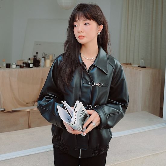【取寄：納期2週間】レザージャケット レディース ライダースジャケット アウター 長袖 韓国ファッション 女子会 パーティー 無地 ジップアップ フェイクレザー 秋冬 レザージャケット レディース
