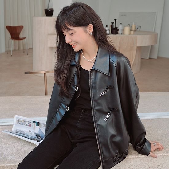 【取寄：納期2週間】レザージャケット レディース ライダースジャケット アウター 長袖 韓国ファッション 女子会 パーティー 無地 ジップアップ フェイクレザー 秋冬 レザージャケット レディース