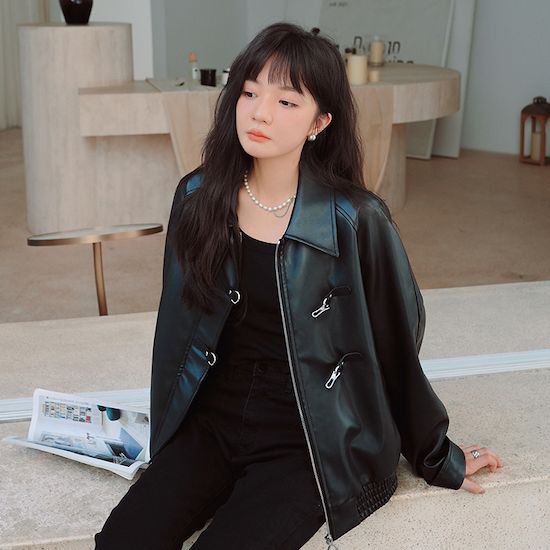 【取寄：納期2週間】レザージャケット レディース ライダースジャケット アウター 長袖 韓国ファッション 女子会 パーティー 無地 ジップアップ フェイクレザー 秋冬 レザージャケット レディース