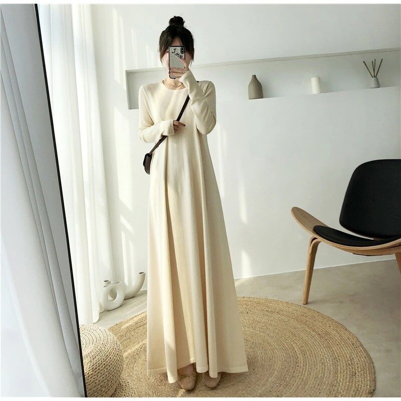 ゆったりひざ丈エクストラロングセータースカートは薄手でニットワンピとコートで底入れ D6 ゆったりひざ丈エクストラロングセータースカートは薄手でニットワンピとコートで底入れ D6