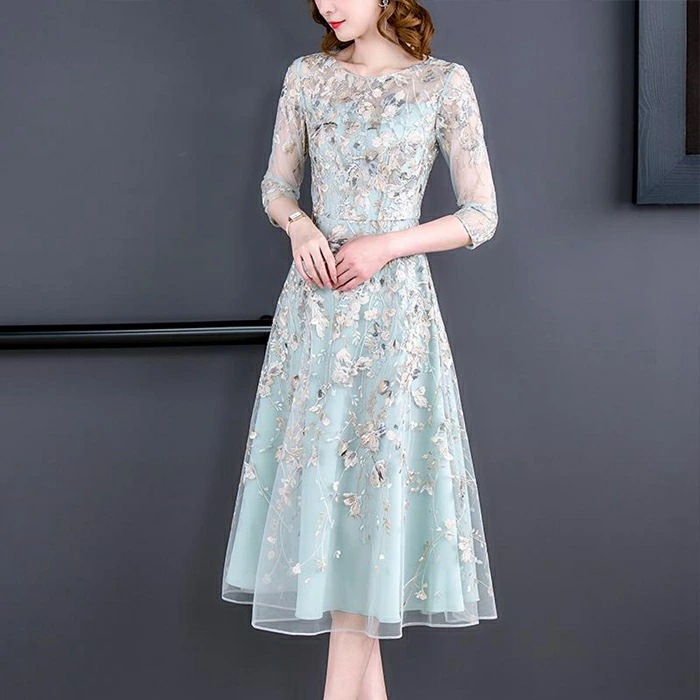 【高級感溢れる刺繍柄】パーティードレス お呼ばれドレス 五分袖 ミモレ丈 Aライン 体型カバー 大人 ドレス 大きいサイズ 二次会 お呼ばれ 披露宴 入園式 入学式 七五三 結婚式 ゲストドレ ワンピ