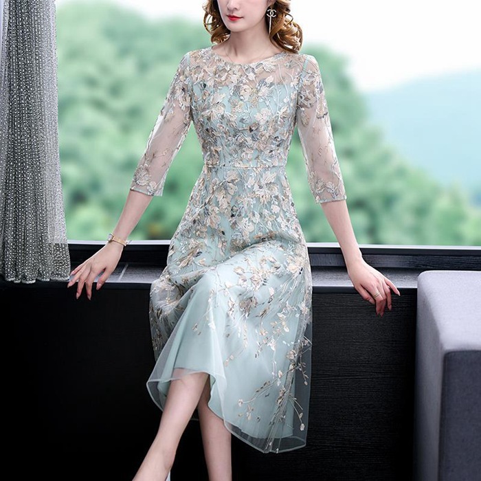 【高級感溢れる刺繍柄】パーティードレス お呼ばれドレス 五分袖 ミモレ丈 Aライン 体型カバー 大人 ドレス 大きいサイズ 二次会 お呼ばれ 披露宴 入園式 入学式 七五三 結婚式 ゲストドレ ワンピ