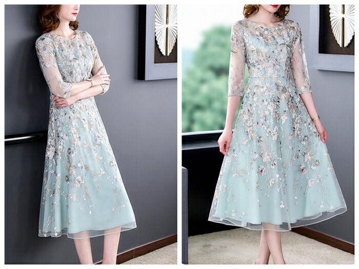 【高級感溢れる刺繍柄】パーティードレス お呼ばれドレス 五分袖 ミモレ丈 Aライン 体型カバー 大人 ドレス 大きいサイズ 二次会 お呼ばれ 披露宴 入園式 入学式 七五三 結婚式 ゲストドレ ワンピ