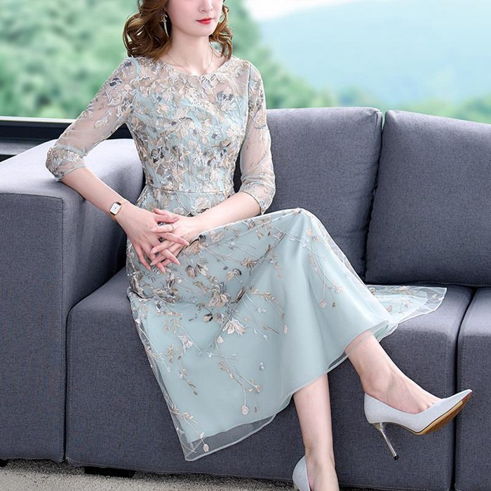 【高級感溢れる刺繍柄】パーティードレス お呼ばれドレス 五分袖 ミモレ丈 Aライン 体型カバー 大人 ドレス 大きいサイズ 二次会 お呼ばれ 披露宴 入園式 入学式 七五三 結婚式 ゲストドレ ワンピ