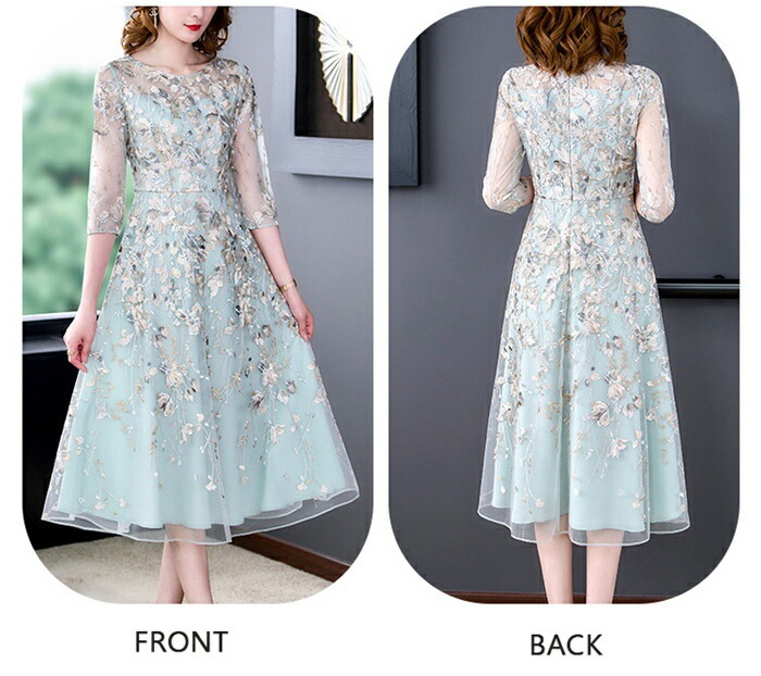 【高級感溢れる刺繍柄】パーティードレス お呼ばれドレス 五分袖 ミモレ丈 Aライン 体型カバー 大人 ドレス 大きいサイズ 二次会 お呼ばれ 披露宴 入園式 入学式 七五三 結婚式 ゲストドレ ワンピ