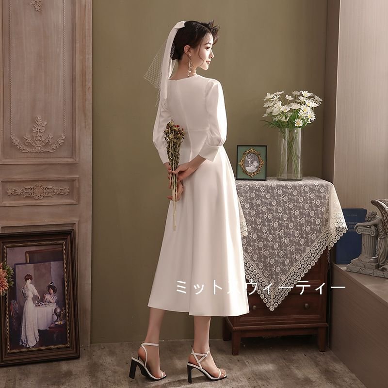 ウェディングドレス Aライン 7分袖 Vネック ロングドレス 結婚式