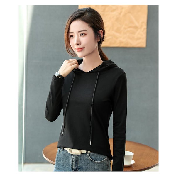 フード付き黒長袖Tシャツ 長袖 オーバーサイズド コットン Tシャツ Tagging ブラック