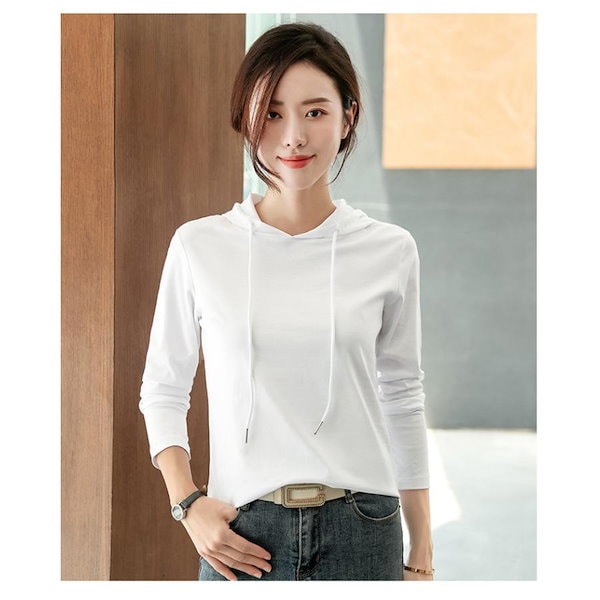Qoo10] Tシャツ 長袖 フード付きTシャツ 無地
