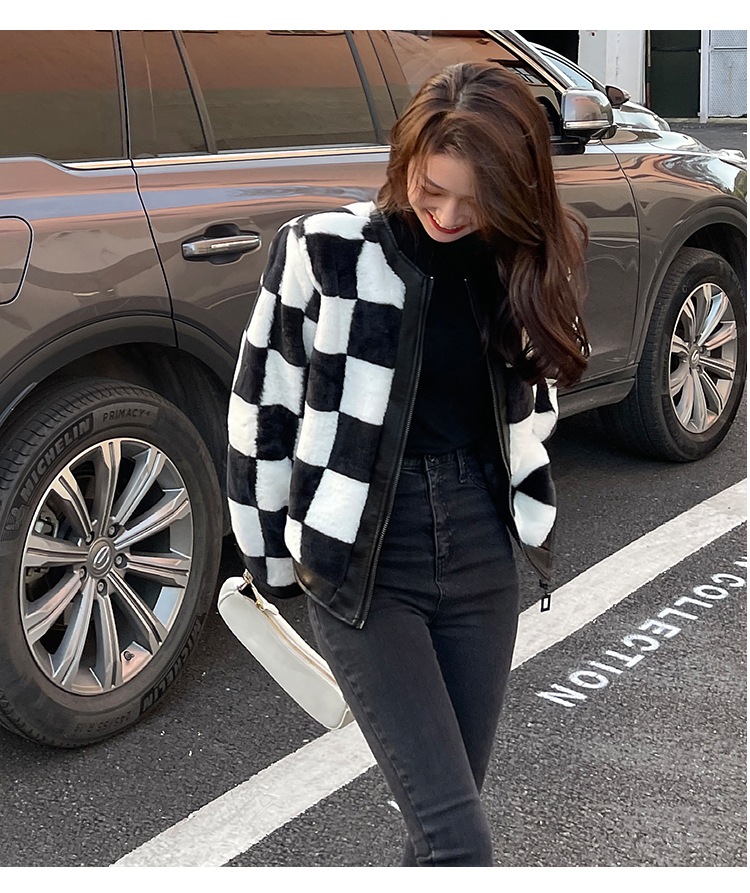 チェッカーボード柄ジャケット ミンクコート フェイクファー PUレザーステッチ ジャケット コート アウター 冬 a3605