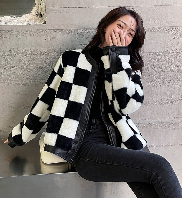 チェッカーボード柄ジャケット ミンクコート フェイクファー PUレザーステッチ ジャケット コート アウター 冬 a3605