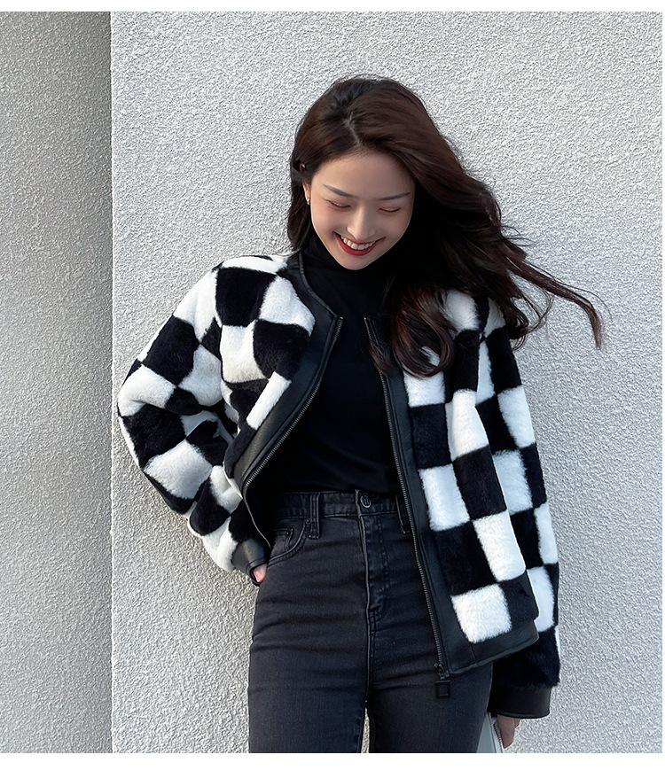 チェッカーボード柄ジャケット ミンクコート フェイクファー PUレザーステッチ ジャケット コート アウター 冬 a3605