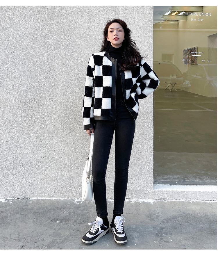 チェッカーボード柄ジャケット ミンクコート フェイクファー PUレザーステッチ ジャケット コート アウター 冬 a3605