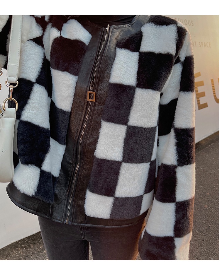 チェッカーボード柄ジャケット ミンクコート フェイクファー PUレザーステッチ ジャケット コート アウター 冬 a3605