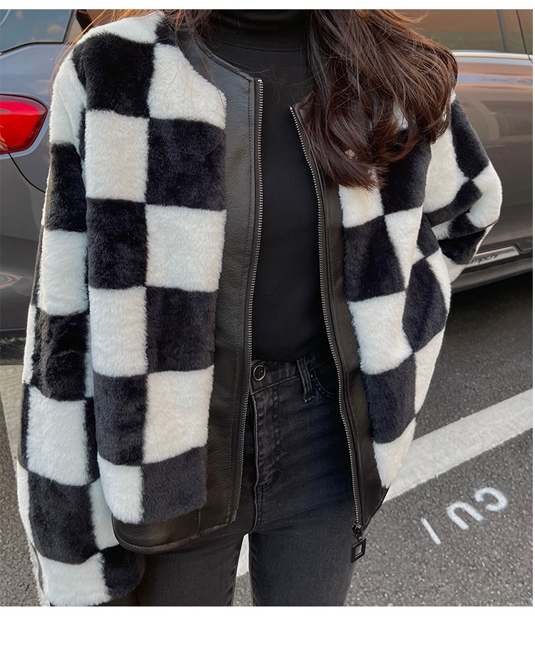 チェッカーボード柄ジャケット ミンクコート フェイクファー PUレザーステッチ ジャケット コート アウター 冬 a3605