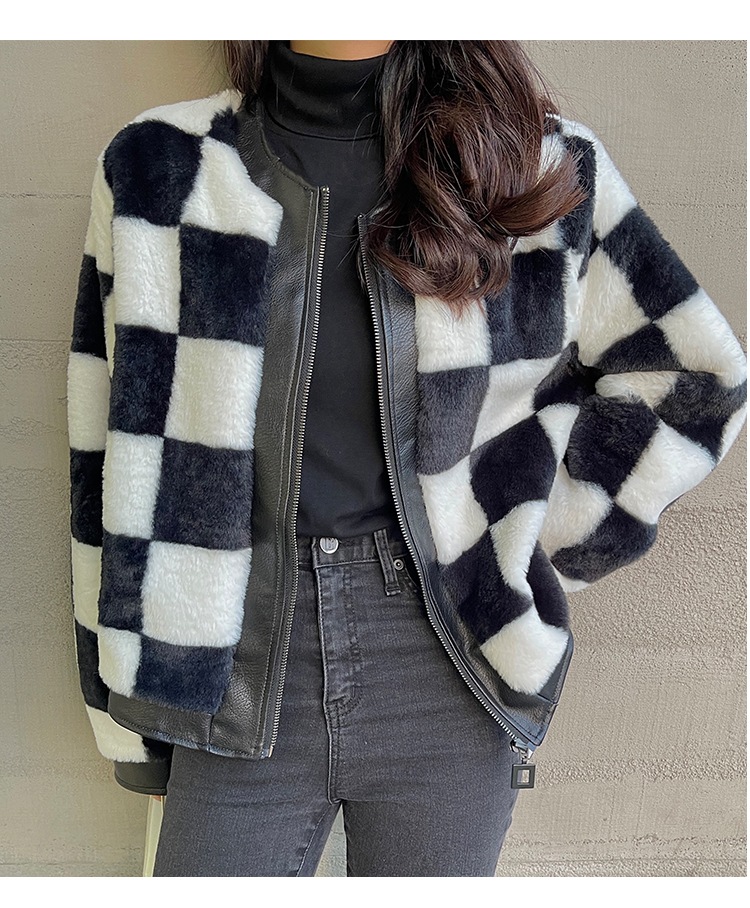 チェッカーボード柄ジャケット ミンクコート フェイクファー PUレザーステッチ ジャケット コート アウター 冬 a3605