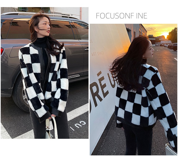 チェッカーボード柄ジャケット ミンクコート フェイクファー PUレザーステッチ ジャケット コート アウター 冬 a3605