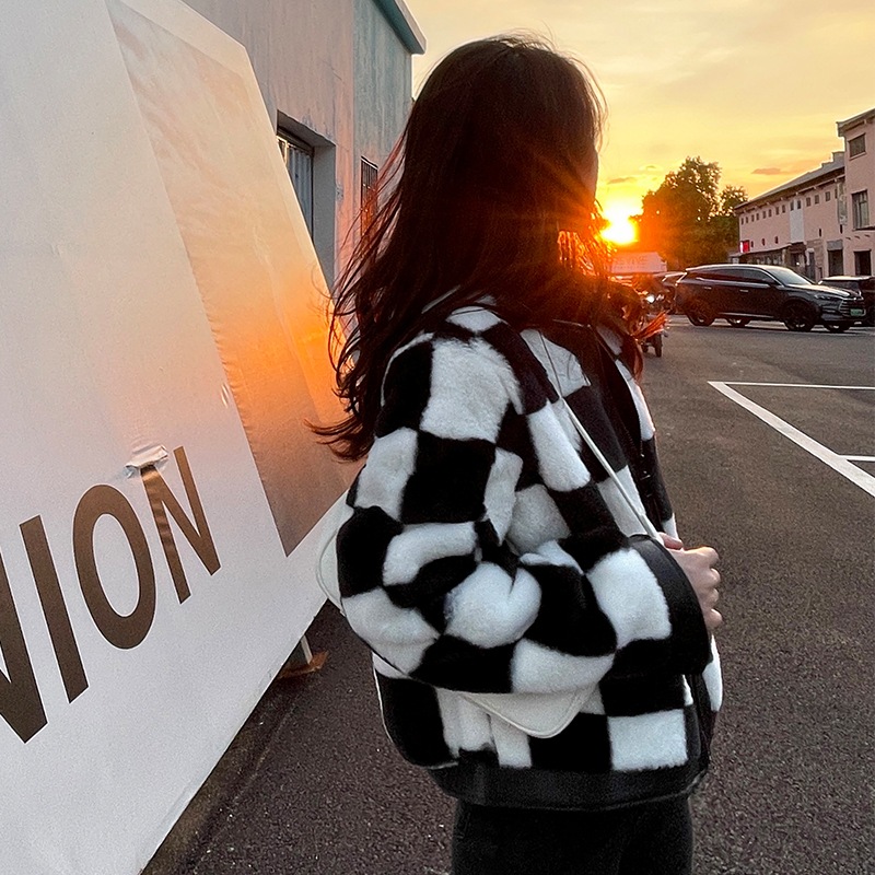 チェッカーボード柄ジャケット ミンクコート フェイクファー PUレザーステッチ ジャケット コート アウター 冬 a3605