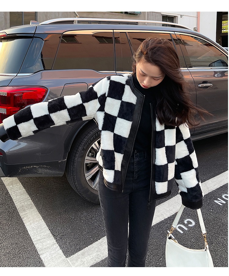 チェッカーボード柄ジャケット ミンクコート フェイクファー PUレザーステッチ ジャケット コート アウター 冬 a3605