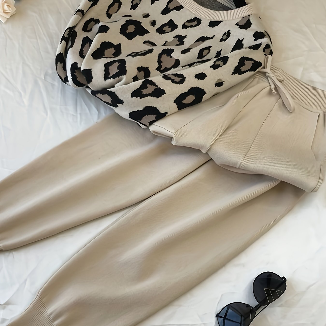 レオパード柄ニットスーツ長袖クルーネックセーター＆ドローストリング