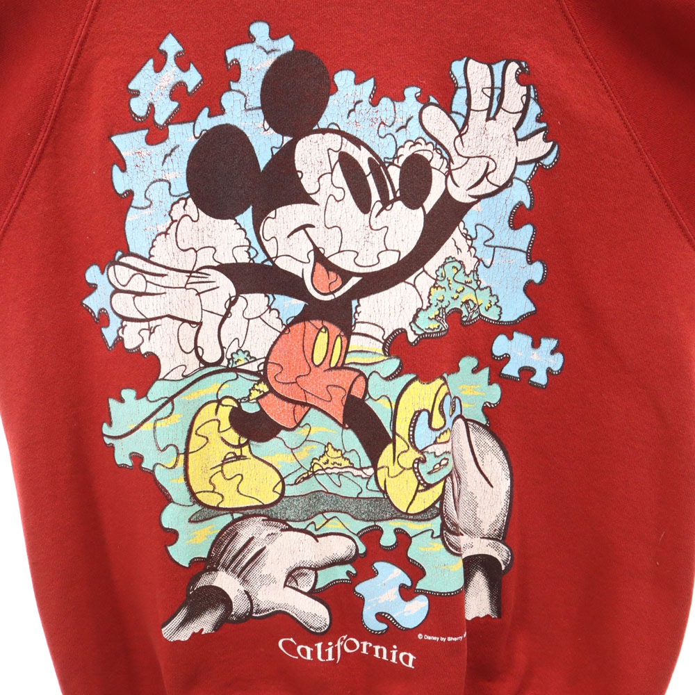 90s USA製 オールド パズル ミッキーマウス 長袖 スウェット トレーナー L レッド Disney ディズニー クラック加工 メンズ