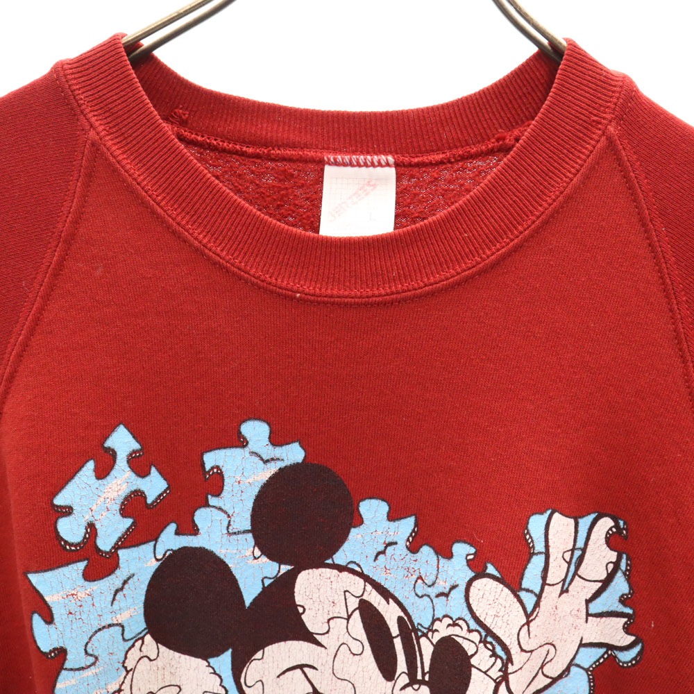 90s USA製 オールド パズル ミッキーマウス 長袖 スウェット トレーナー L レッド Disney ディズニー クラック加工 メンズ