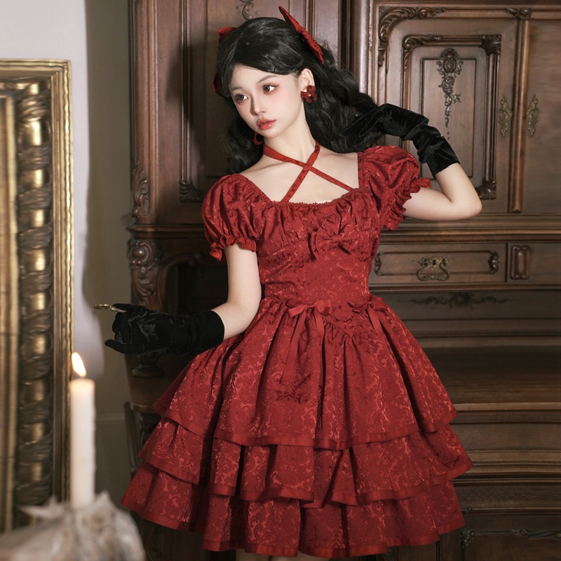 ロリータスカート半袖OP三段ふくらみスカート赤ロリータドレスロリータドレス姫系ドレス ロリータスカート半袖OP三段ふくらみスカート赤ロリータドレスロリータドレス姫系ドレス