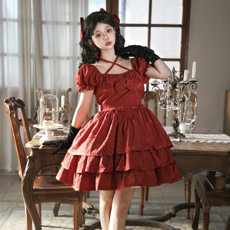 ロリータスカート半袖OP三段ふくらみスカート赤ロリータドレスロリータドレス姫系ドレス ロリータスカート半袖OP三段ふくらみスカート赤ロリータドレスロリータドレス姫系ドレス