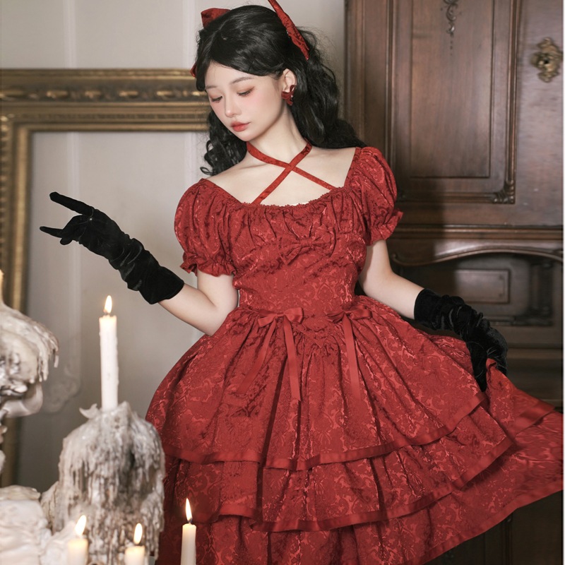 ロリータスカート半袖OP三段ふくらみスカート赤ロリータドレスロリータドレス姫系ドレス ロリータスカート半袖OP三段ふくらみスカート赤ロリータドレスロリータドレス姫系ドレス