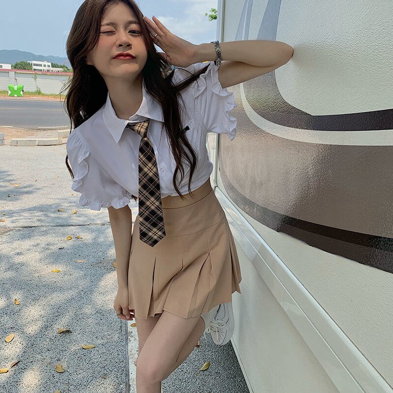 爽やかカジュアル韓国制服半袖シャツ+Aラインプリーツスカート2点セット