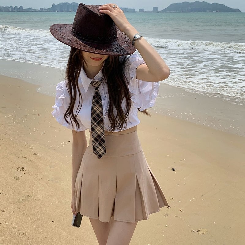 爽やかカジュアル韓国制服半袖シャツ+Aラインプリーツスカート2点セット