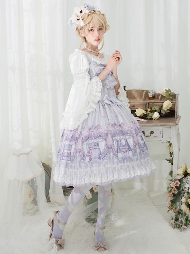 【短納期】スウィートロリータJSKドレスInfantaメイドルームレーストリムプリントボウプリーツシフォンロリータジャンパースカート 【短納期】スウィートロリータJSKドレスInfantaメイドルームレーストリムプリントボウプリーツシフォンロリータジャンパースカート