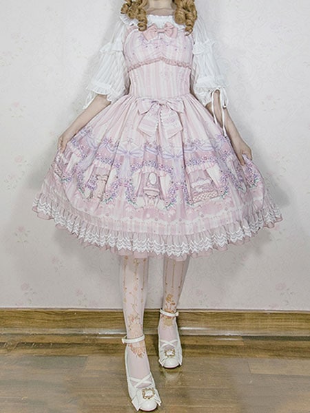 【短納期】スウィートロリータJSKドレスInfantaメイドルームレーストリムプリントボウプリーツシフォンロリータジャンパースカート 【短納期】スウィートロリータJSKドレスInfantaメイドルームレーストリムプリントボウプリーツシフォンロリータジャンパースカート