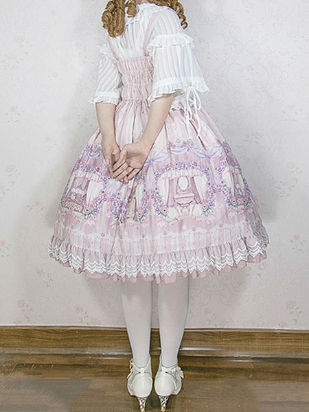 【短納期】スウィートロリータJSKドレスInfantaメイドルームレーストリムプリントボウプリーツシフォンロリータジャンパースカート 【短納期】スウィートロリータJSKドレスInfantaメイドルームレーストリムプリントボウプリーツシフォンロリータジャンパースカート
