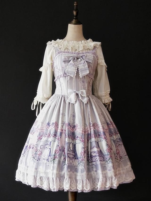 【短納期】スウィートロリータJSKドレスInfantaメイドルームレーストリムプリントボウプリーツシフォンロリータジャンパースカート 【短納期】スウィートロリータJSKドレスInfantaメイドルームレーストリムプリントボウプリーツシフォンロリータジャンパースカート