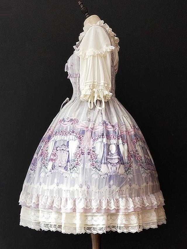 【短納期】スウィートロリータJSKドレスInfantaメイドルームレーストリムプリントボウプリーツシフォンロリータジャンパースカート 【短納期】スウィートロリータJSKドレスInfantaメイドルームレーストリムプリントボウプリーツシフォンロリータジャンパースカート