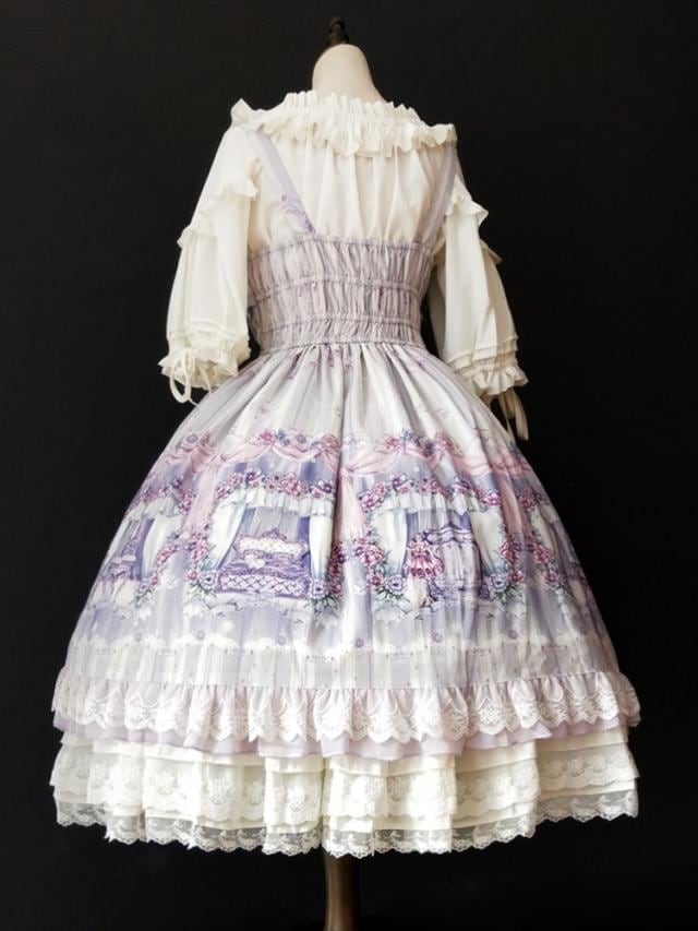 【短納期】スウィートロリータJSKドレスInfantaメイドルームレーストリムプリントボウプリーツシフォンロリータジャンパースカート 【短納期】スウィートロリータJSKドレスInfantaメイドルームレーストリムプリントボウプリーツシフォンロリータジャンパースカート