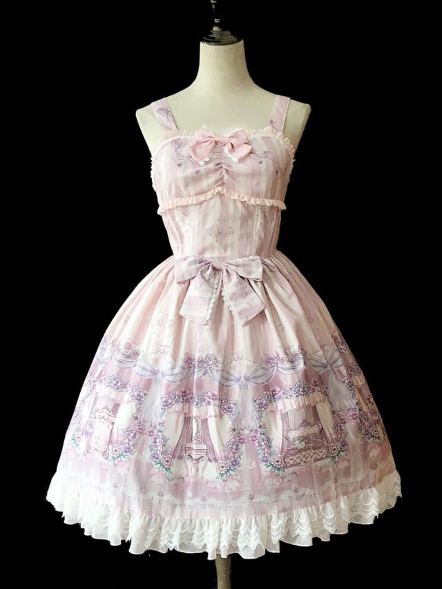 【短納期】スウィートロリータJSKドレスInfantaメイドルームレーストリムプリントボウプリーツシフォンロリータジャンパースカート 【短納期】スウィートロリータJSKドレスInfantaメイドルームレーストリムプリントボウプリーツシフォンロリータジャンパースカート