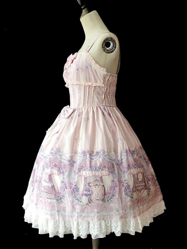 【短納期】スウィートロリータJSKドレスInfantaメイドルームレーストリムプリントボウプリーツシフォンロリータジャンパースカート 【短納期】スウィートロリータJSKドレスInfantaメイドルームレーストリムプリントボウプリーツシフォンロリータジャンパースカート