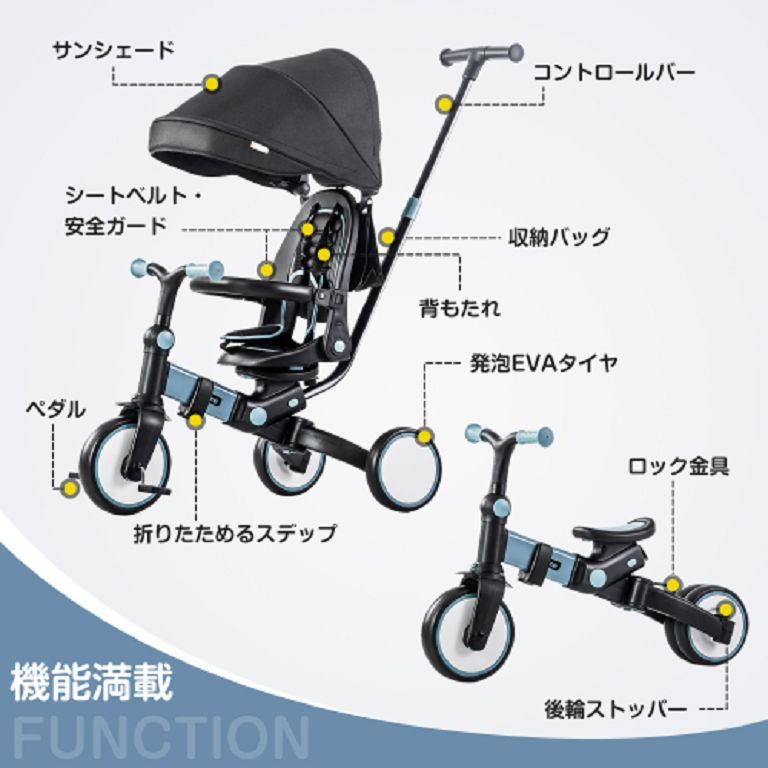 子供用三輪車 手押し 日差し対策用サンシェード 7in1 7WAY 1歳 2歳 3歳