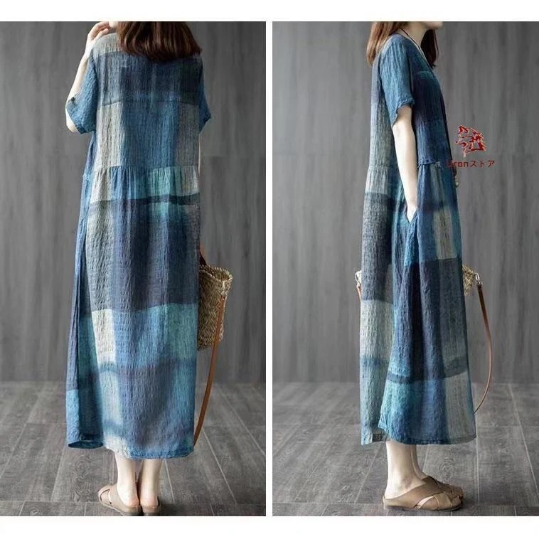 ロングワンピース レディース 夏 ロングワンピ レディースワンピース 半袖ワンピース ゆったり 半袖 カジュアル 薄手 Vネック チェック柄 ナチュラル しわ ロングワンピース レディース 夏 ロングワンピ レディースワンピース 半袖ワンピース ゆったり 半袖 カジュアル 薄手 Vネック チェック柄 ナチュラル しわ