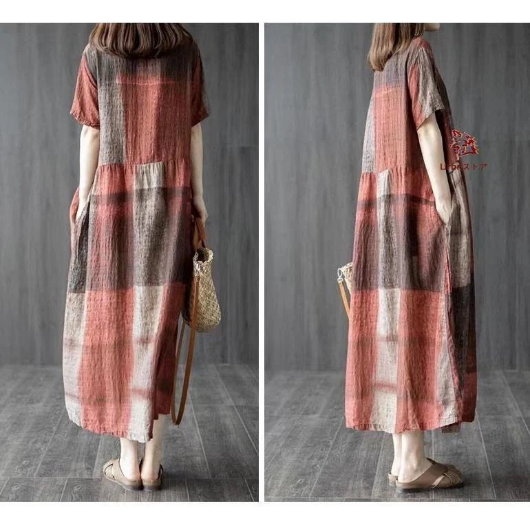 ロングワンピース レディース 夏 ロングワンピ レディースワンピース 半袖ワンピース ゆったり 半袖 カジュアル 薄手 Vネック チェック柄 ナチュラル しわ ロングワンピース レディース 夏 ロングワンピ レディースワンピース 半袖ワンピース ゆったり 半袖 カジュアル 薄手 Vネック チェック柄 ナチュラル しわ