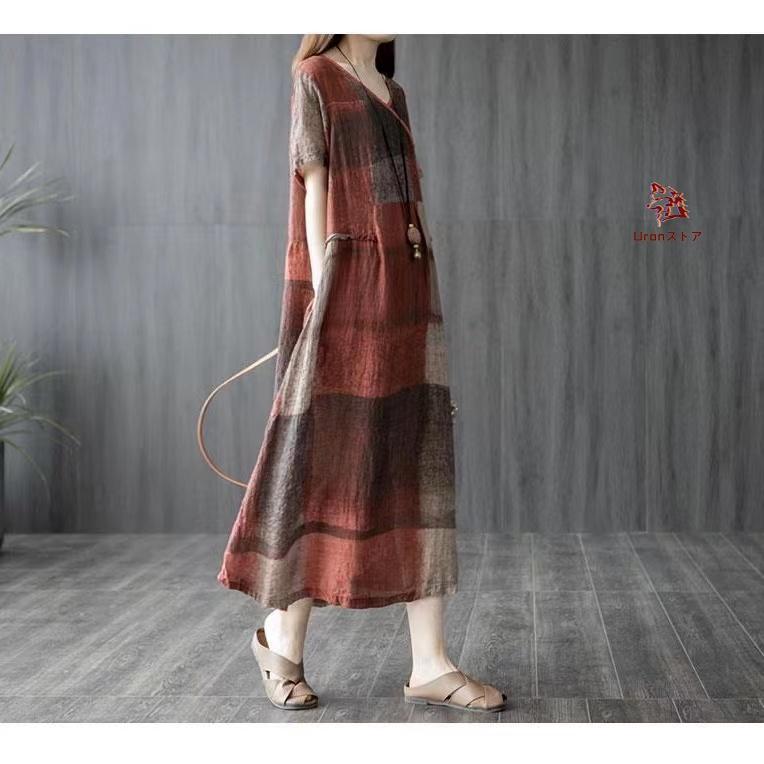 ロングワンピース レディース 夏 ロングワンピ レディースワンピース 半袖ワンピース ゆったり 半袖 カジュアル 薄手 Vネック チェック柄 ナチュラル しわ ロングワンピース レディース 夏 ロングワンピ レディースワンピース 半袖ワンピース ゆったり 半袖 カジュアル 薄手 Vネック チェック柄 ナチュラル しわ