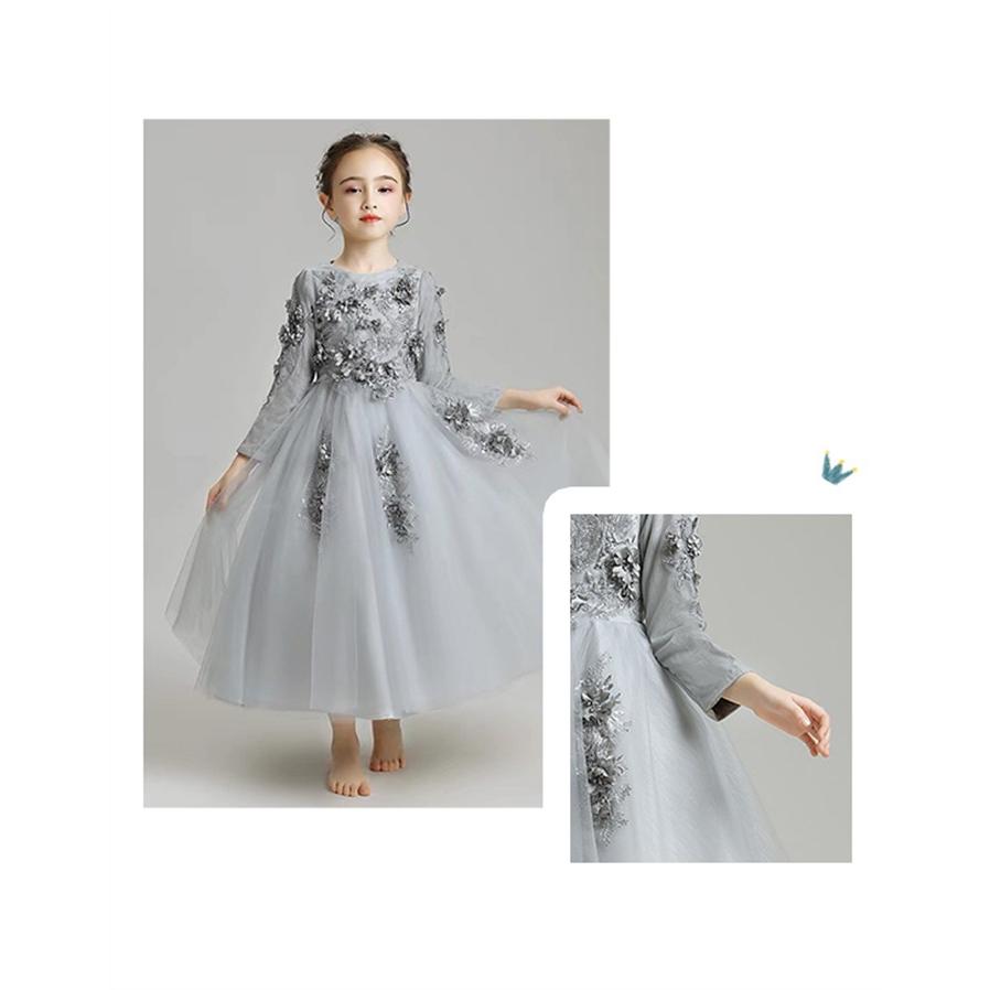 (WJ Fashion)ピアノ発表会 ドレス 子供 女の子 ホワイト 白 グレー 発表会ドレス 長袖 子ども ワンピース お祝い日 演奏会 音楽会 フォーマル 誕生日 撮影 パーティー