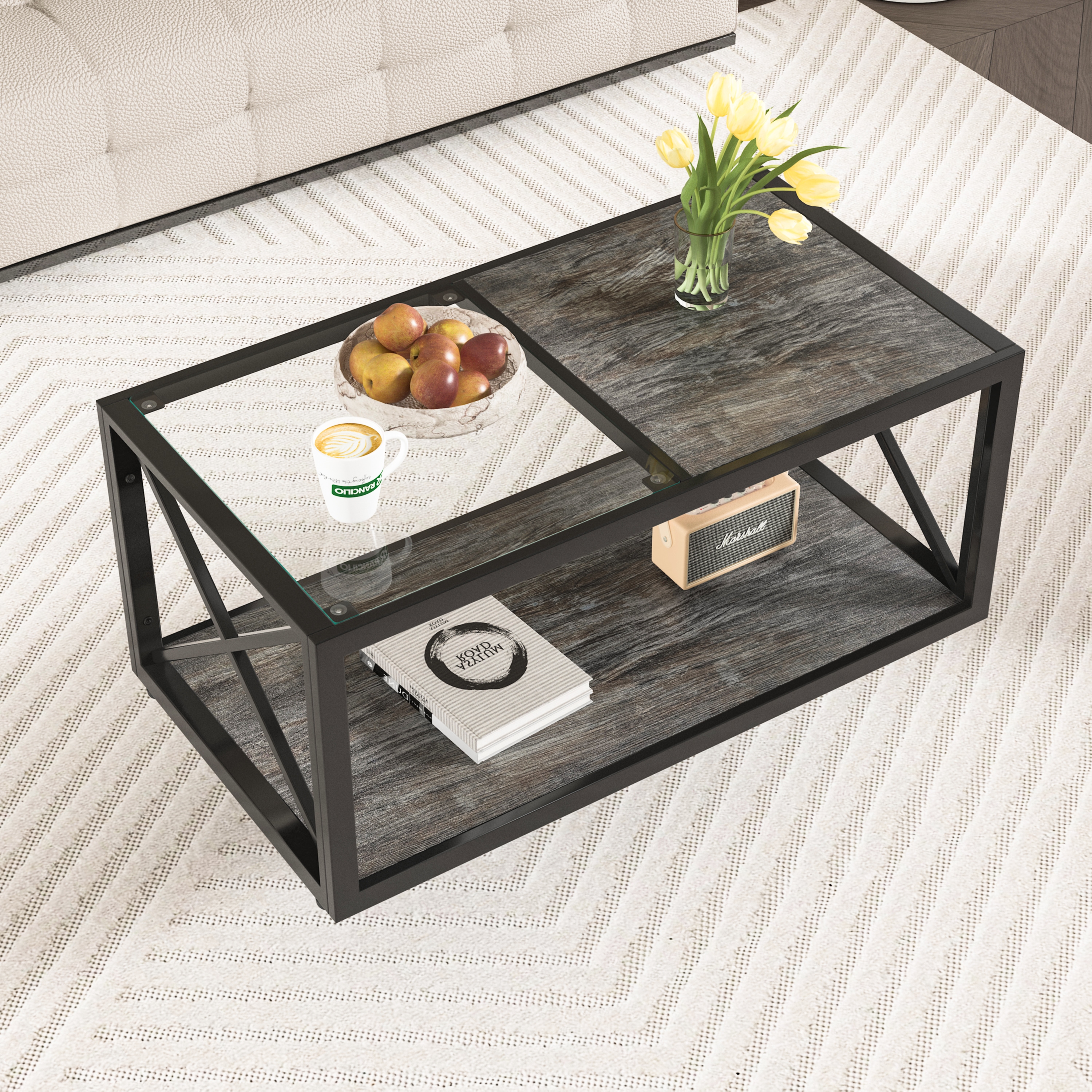 【国内発送&送·料·無·料】長方形コーヒーテーブル 強化ガラス天板×ウッド調MDF ローテーブル*403 インダストリアルスタイル 【国内発送&送·料·無·料】長方形コーヒーテーブル 強化ガラス天板×ウッド調MDF ローテーブル*403 インダストリアルスタイル