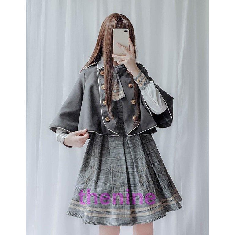 ワンピース クラシック ロリータ風 長袖 レディース ロリータ ワンピース チェック柄ロリータ服 森ガール 3点セット ワンピース+マント+ネクタイ