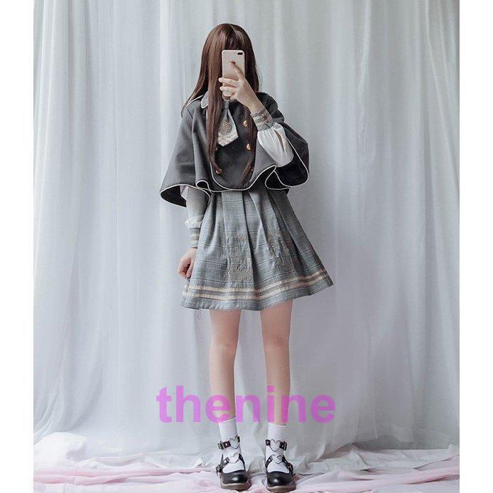 ワンピース クラシック ロリータ風 長袖 レディース ロリータ ワンピース チェック柄ロリータ服 森ガール 3点セット ワンピース+マント+ネクタイ