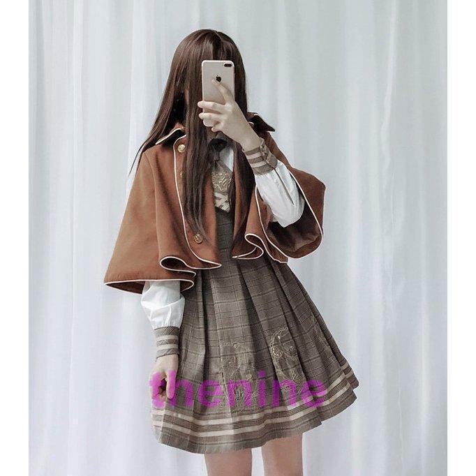 ワンピース クラシック ロリータ風 長袖 レディース ロリータ ワンピース チェック柄ロリータ服 森ガール 3点セット ワンピース+マント+ネクタイ