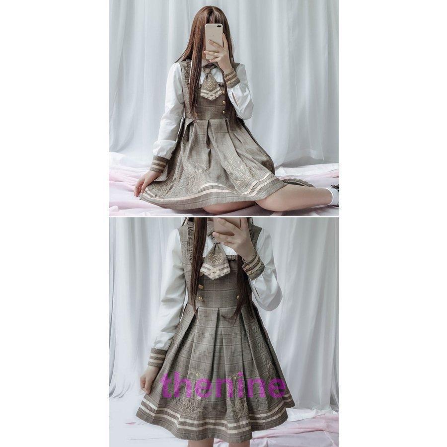ワンピース クラシック ロリータ風 長袖 レディース ロリータ ワンピース チェック柄ロリータ服 森ガール 3点セット ワンピース+マント+ネクタイ