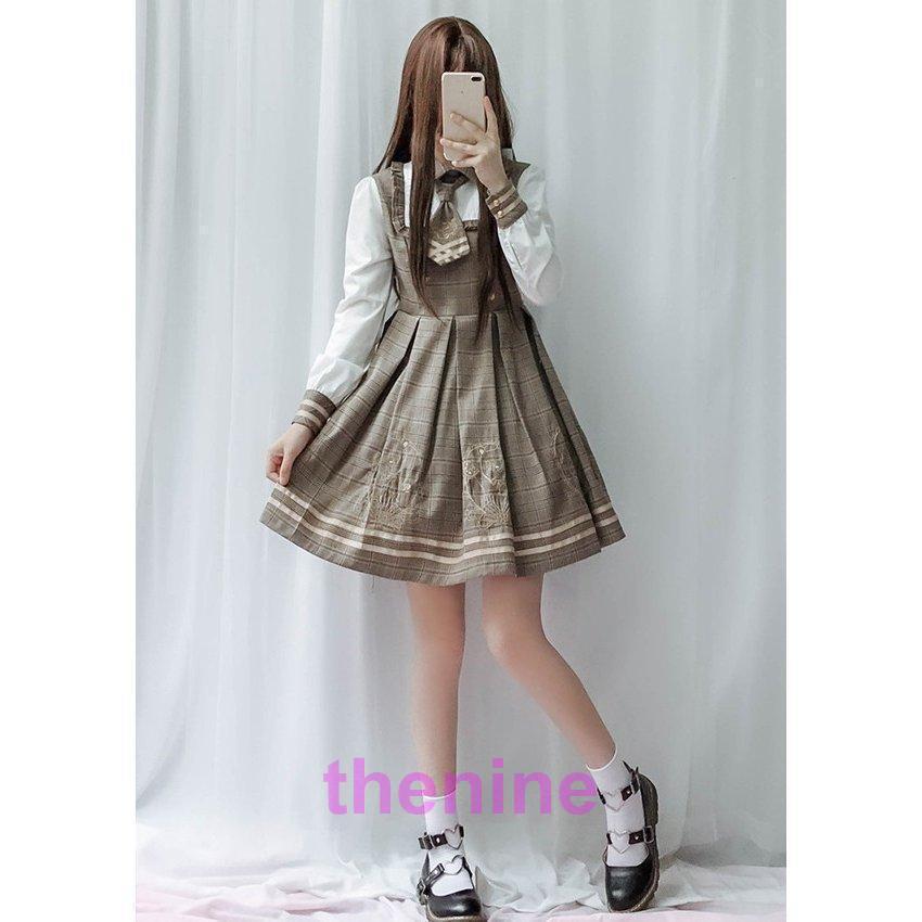 ワンピース クラシック ロリータ風 長袖 レディース ロリータ ワンピース チェック柄ロリータ服 森ガール 3点セット ワンピース+マント+ネクタイ